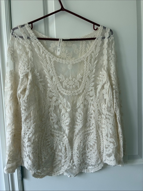 Tops - Boho Lace Embroidered Scoop Neck Top - Cream fits medium